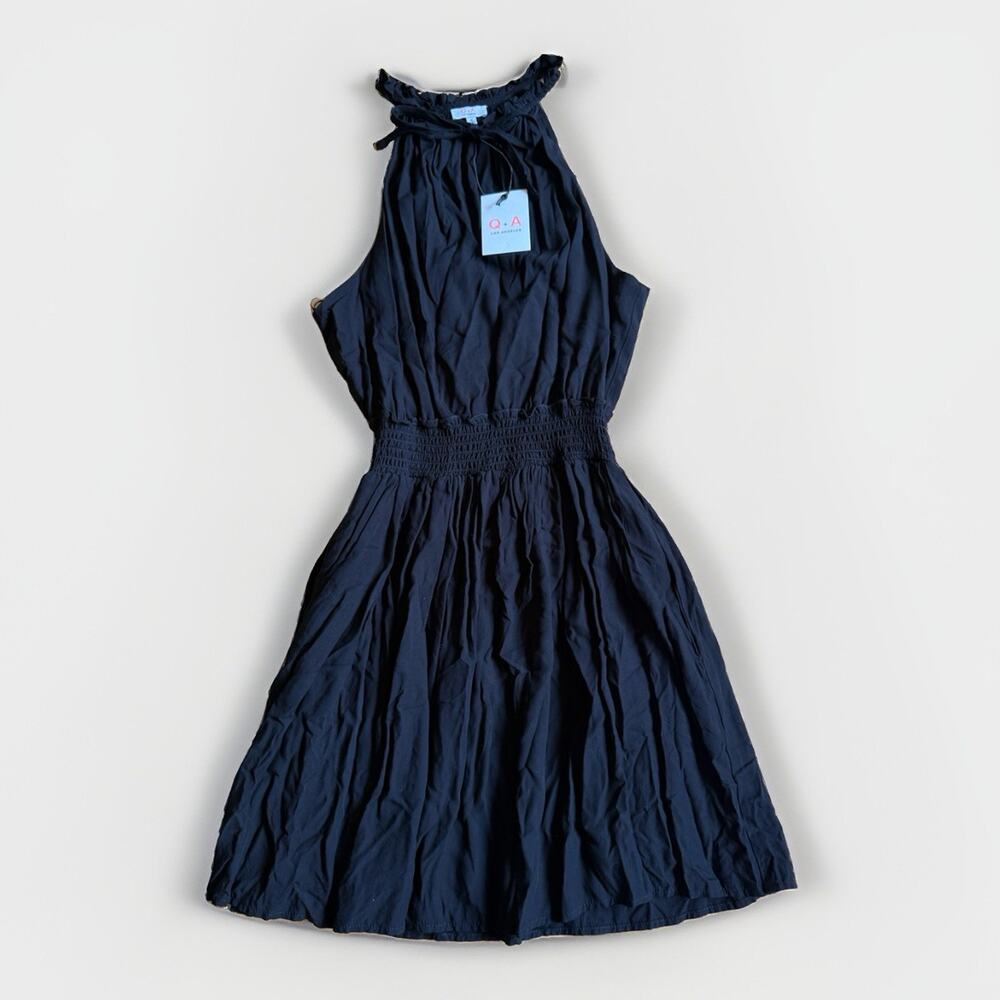 NWT Q+A Los Angeles Black Halter Neck Mini Dress Pockets Smocked Ruffle Small